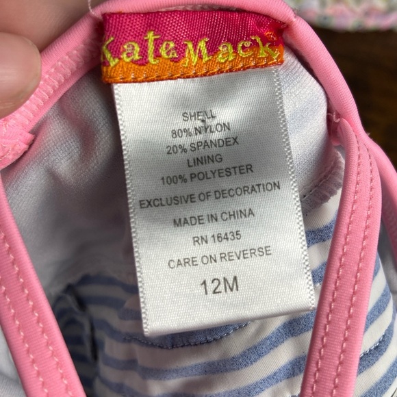 Kate Mack Striped Swimsuit with Bows 12M, Pink Straps, suit is White and Navy - Picture 6 of 7